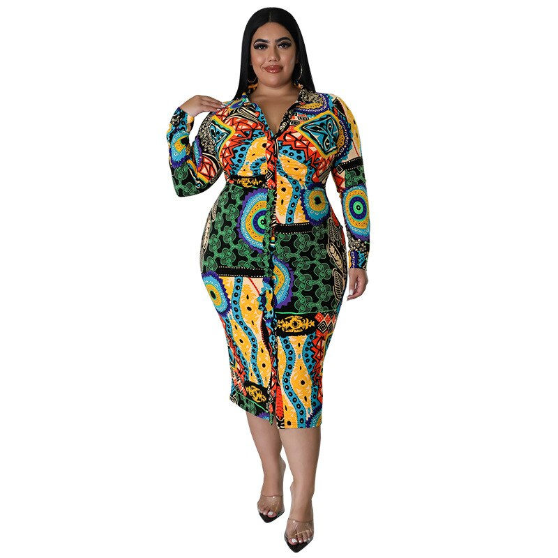Thumbnail: Perl Printed Curved T-shirt Dresses for Women Plus Size Full Sleeve Dress Big S