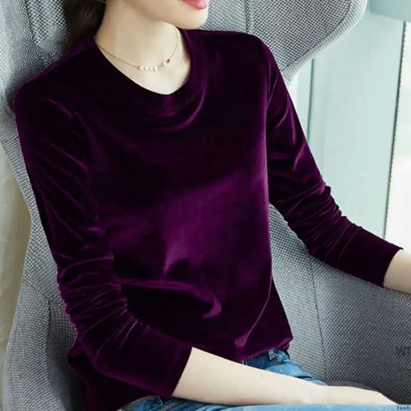 Thumbnail: Spring Long Sleeve Loose Early Autumn T-shirt Women Gold Velvet Short Paragraph