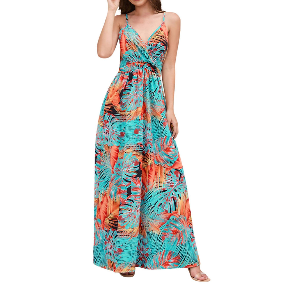 Miniature : Women Cute Spaghetti Strap Bohemian Dress Summer Floral Leafs Print Long Dresse