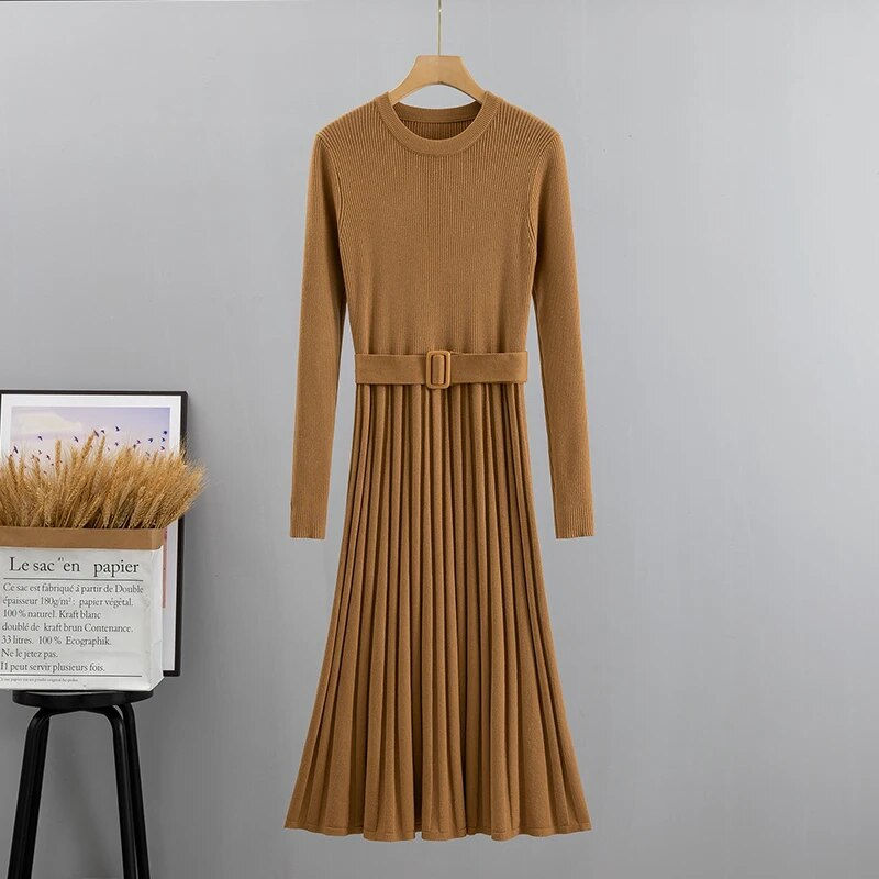 Thumbnail: GIGOGOU Chic Long Knit Women Maxi Sweater Dress O Neck Winter Thick Warm A Line