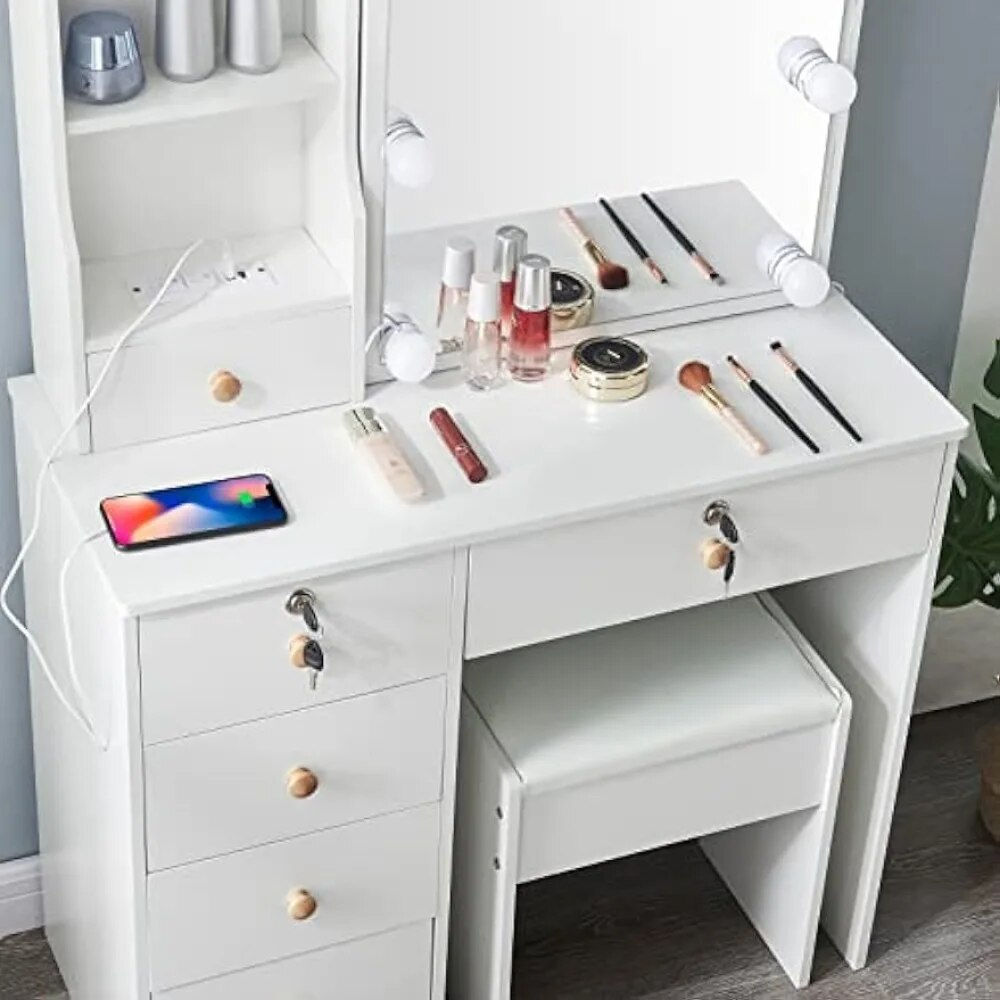 White Vanity Desk with 5 Drawers and Cushioned Stool, Modern Makeup Vanity Tabl