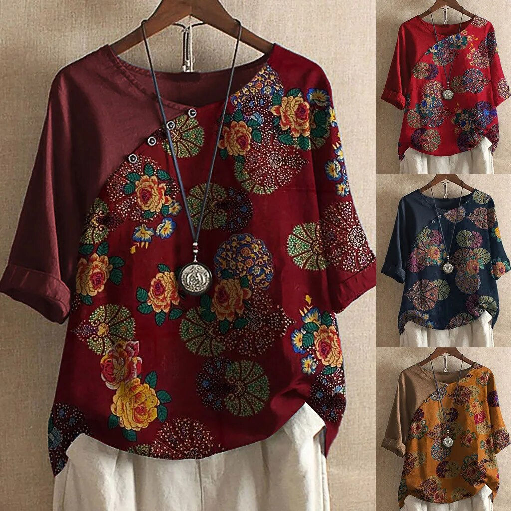 Autumn Women Tops Plus Size Button Flower Linen T-Shirt Blouse 3/4 Sleeve New F