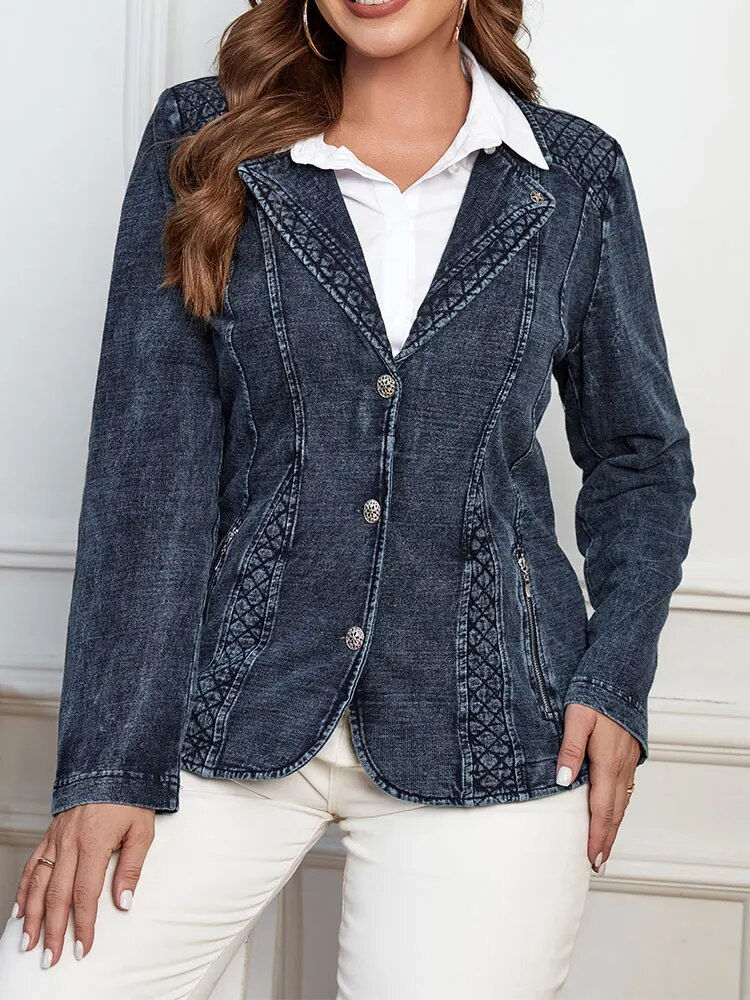 LIH HUA Women's Plus Size Denim Suit Autumn Chic Elegant Suit For Chubby Women