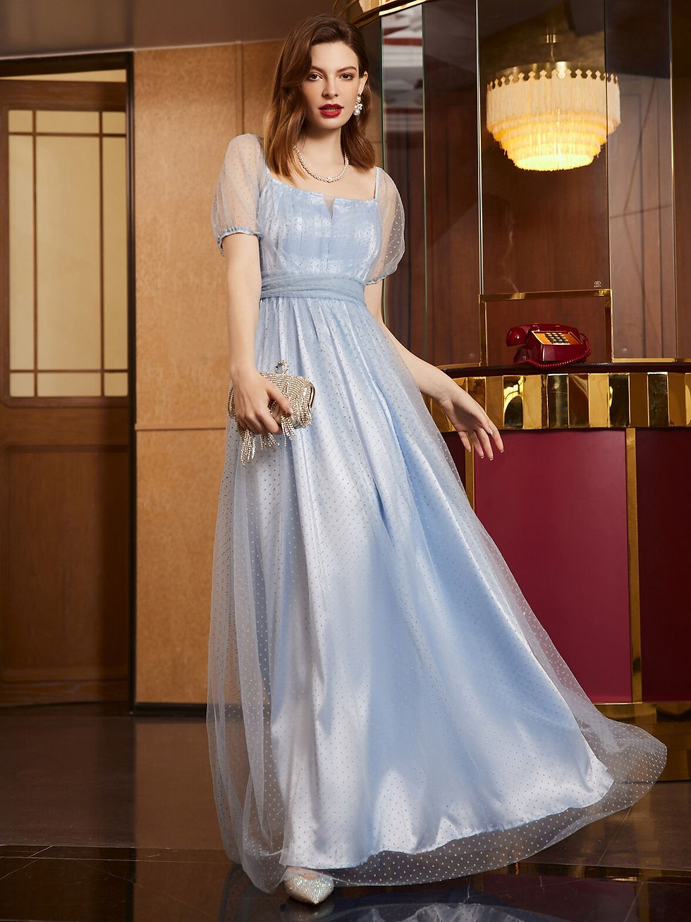 Thumbnail: Blue Tulle Bridesmaid Dresses for Women Polka Dot Print Ball Prom Gown Elegant
