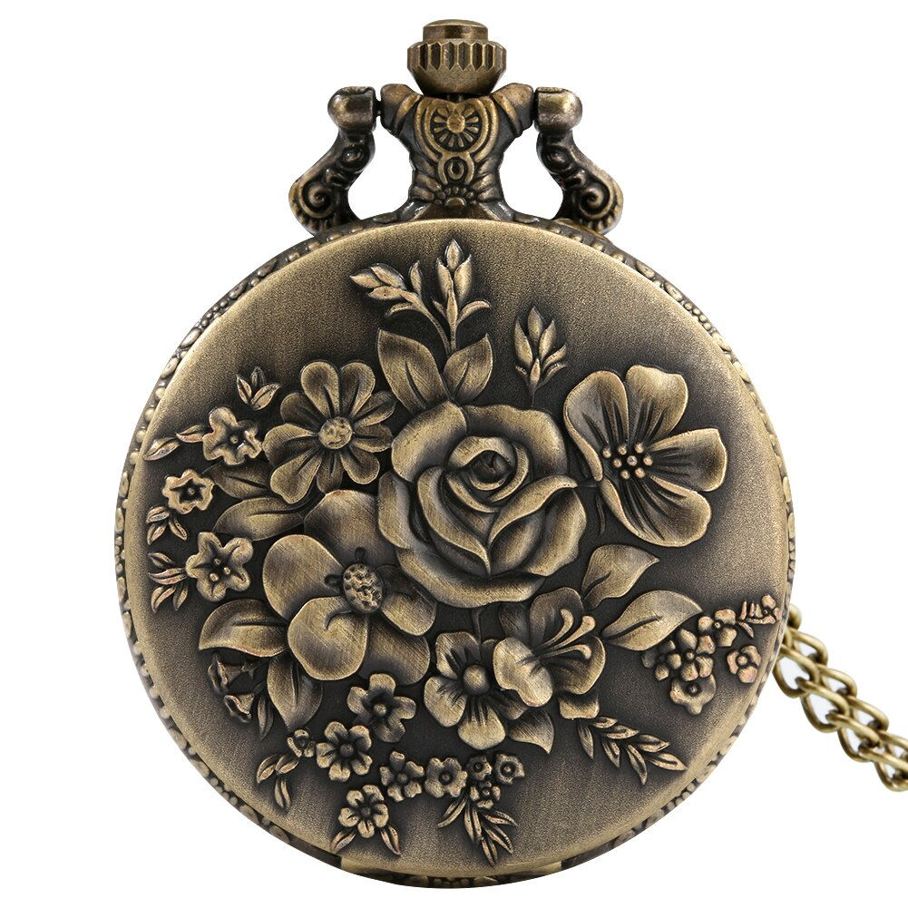 Retro Blooming Flowers Quartz Pocket Watch Bronze Pendant Clock Numerals Displa
