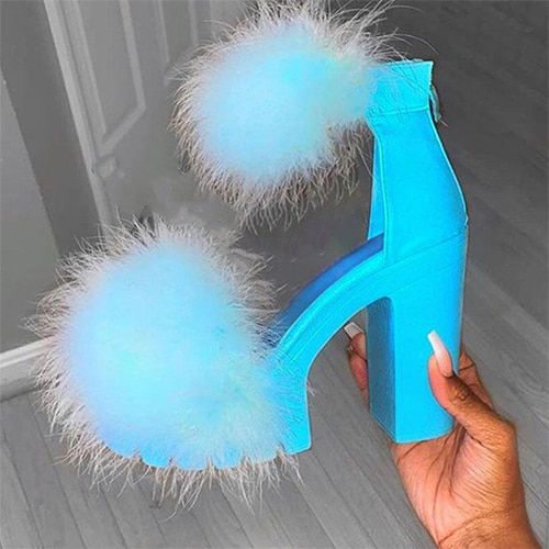Miniatura: Woman Furry Sandals High Heels with Fur Female Platform Pumps Women Ankle