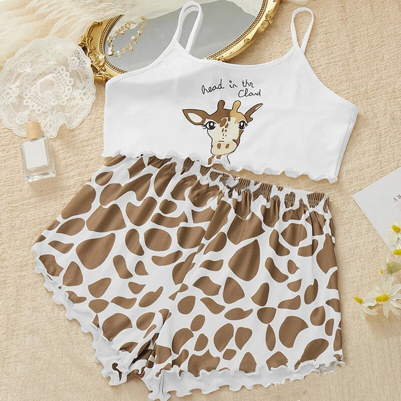 Thumbnail: Women Sleepwear Cute Cartoon Print Short Set Pajamas Summer Sweet Sleeveless Py