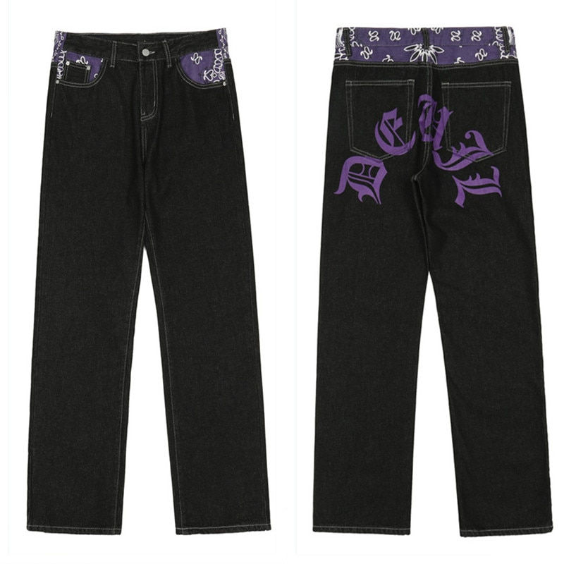 Thumbnail: Men's Y2k Jeans Cashew Flowers Purple Streetwear Casual Pants Punk Hip Hop