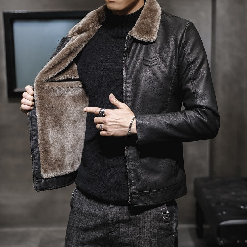 Thumbnail: New Thick Leather Jacket Mens Winter Autumn Men's Jacket Fashion Faux Fur Colla