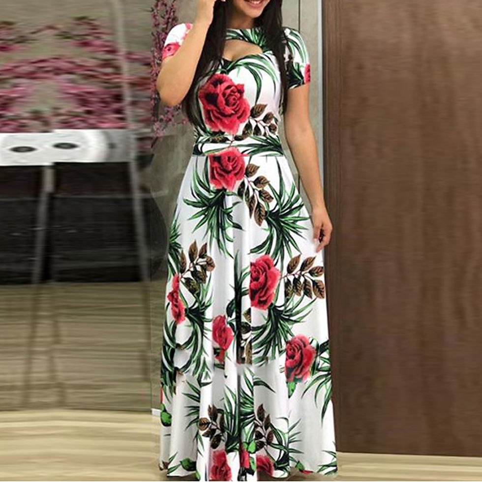 Indexkép: Boho Women's Casual Plus Size Dresses O-neck Short Sleeve Print Waist Strap Dre