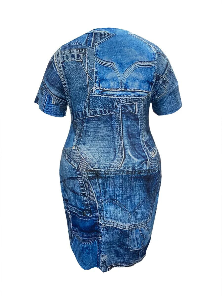 Thumbnail: LW Plus Size Imitation Denim V Neck Pocket Design Dress Women dress t-Shirts dr