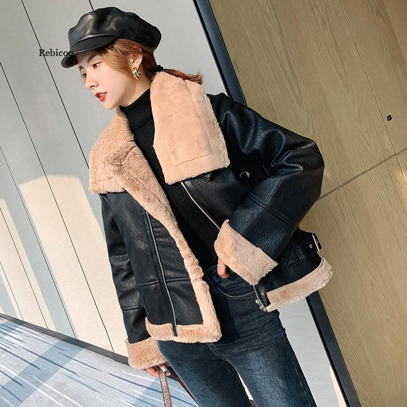 الصورة المصغرة: Thick and warm faux leather jacket Coat women's beige long-sleeved belt jacket