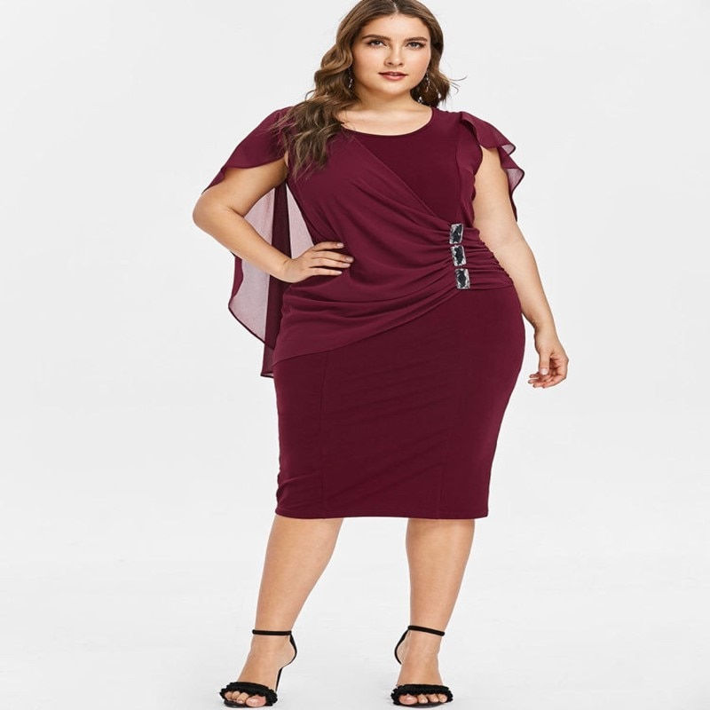 Thumbnail: Cloak Sleeves Plus Size Chiffon Cape Dress Summer High Street Ruched Bodycon Ch