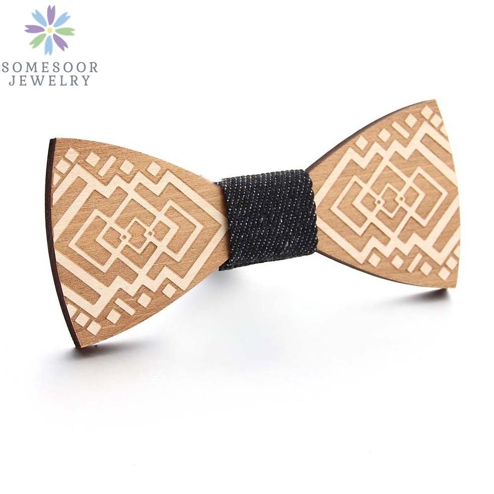 Miniatiūra: SOMESOOR Engraved Unfinished Natural Wooden Bowtie Handmade Gentleman Necktie B