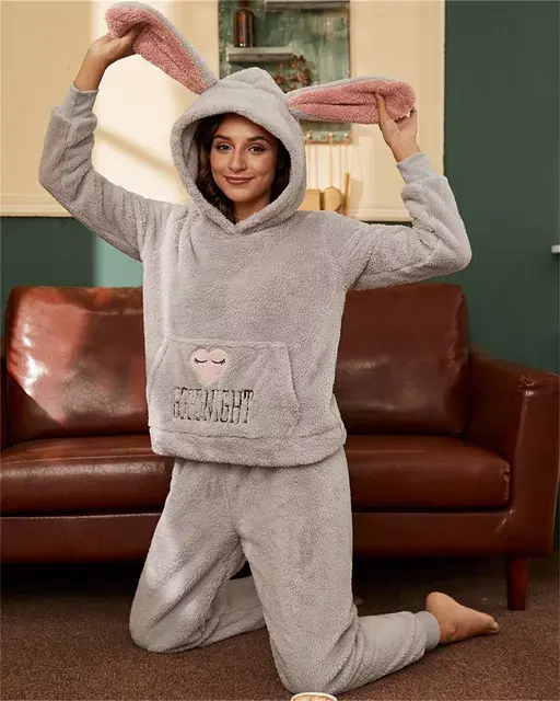 Winter Plush Warm Pajamas Set Long Sleeve Rabbit Ears Hoodies Top Sleepwear