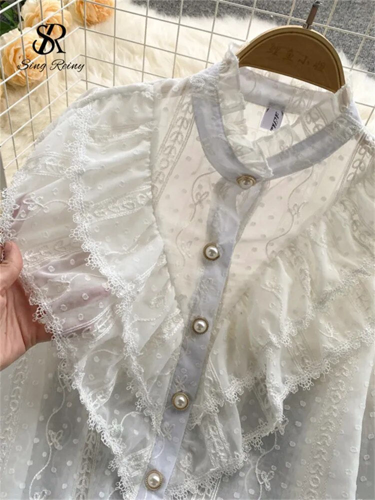 Miniaturebillede: SINGREINY Elegant French Blouse Women Temperament Sweet Ruffles Loose Casual To