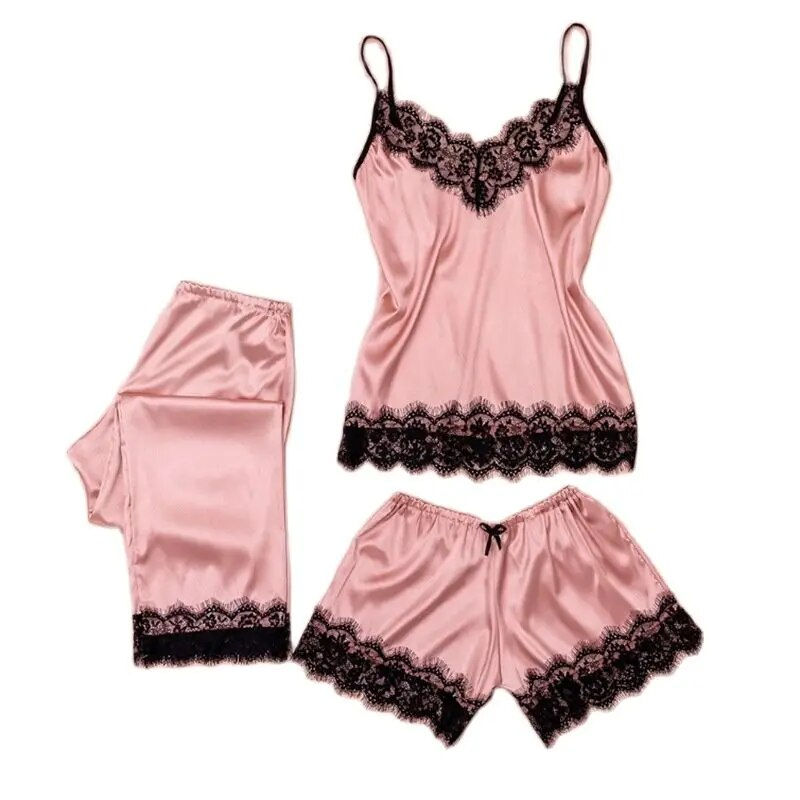 Thumbnail: Cute Pajama Set for Women Black Lace Satin V-Neck Pyjama Sleeveless Cute Cami T