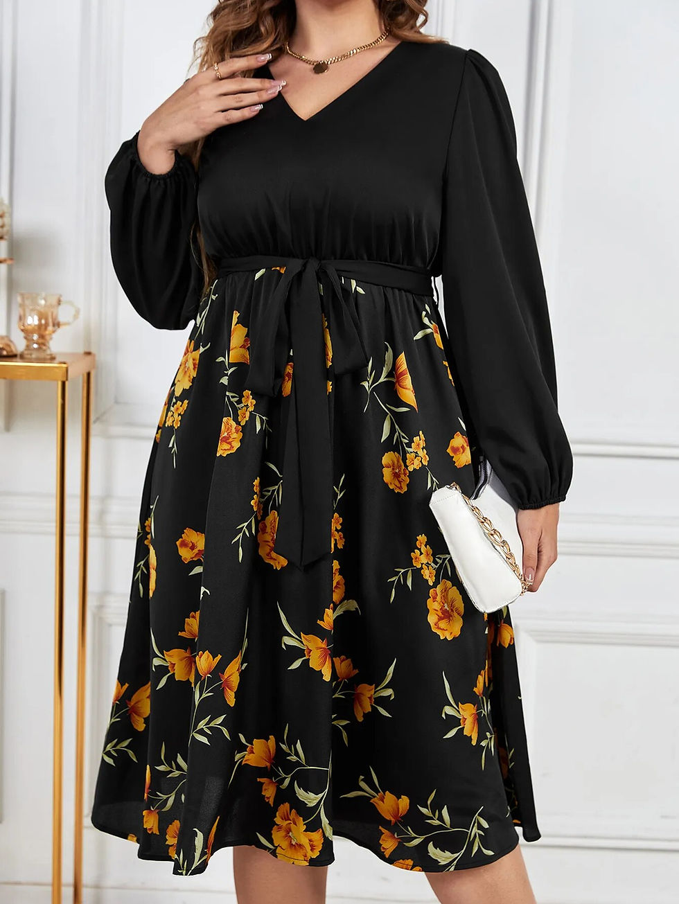 Thumbnail: Plus Size V Neck Women's Long Sleeve Dress Drawstring Waist Belt Floral Print R