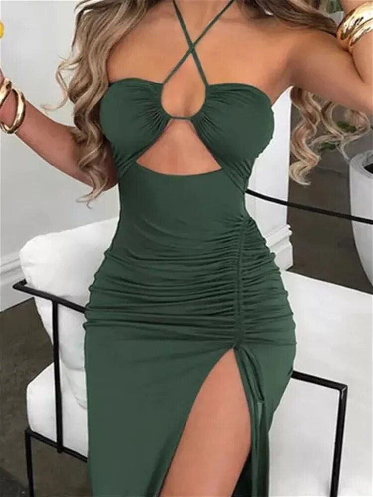 Miniatura: Fantoye Hollow Out Drawstring Dress Women Sleeveless Backless High Split Elegan