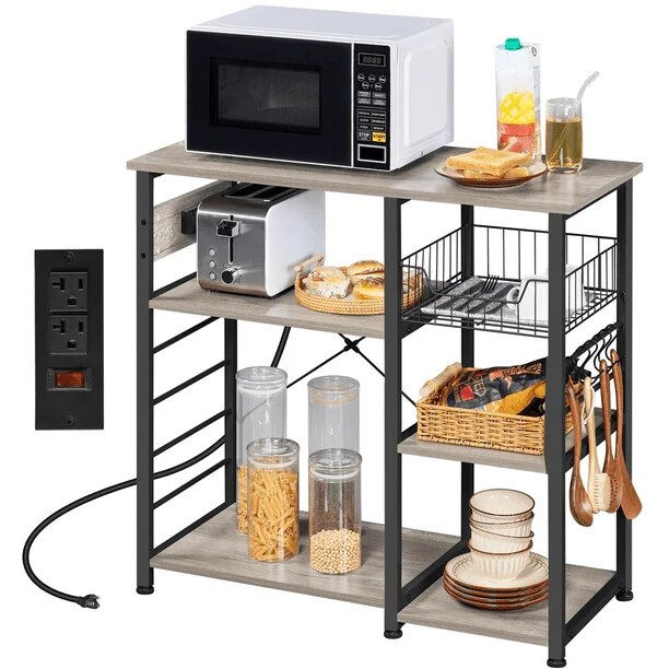 SmileMart Vintage Baker's Rack Storage with Power Outlet for Kitchen, Rustic Br