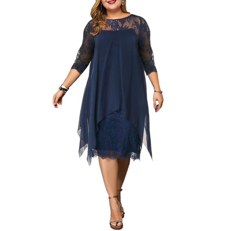 Women Plus Size Dress O-neck Midi Dress 5XL Lady Evening Lace Mesh Sexy Elegant