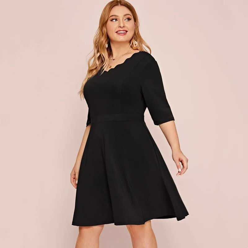 Thumbnail: Plus Size Half Sleeve Elegant Spring Autumn A-line Dress Women Scoop Neck Black