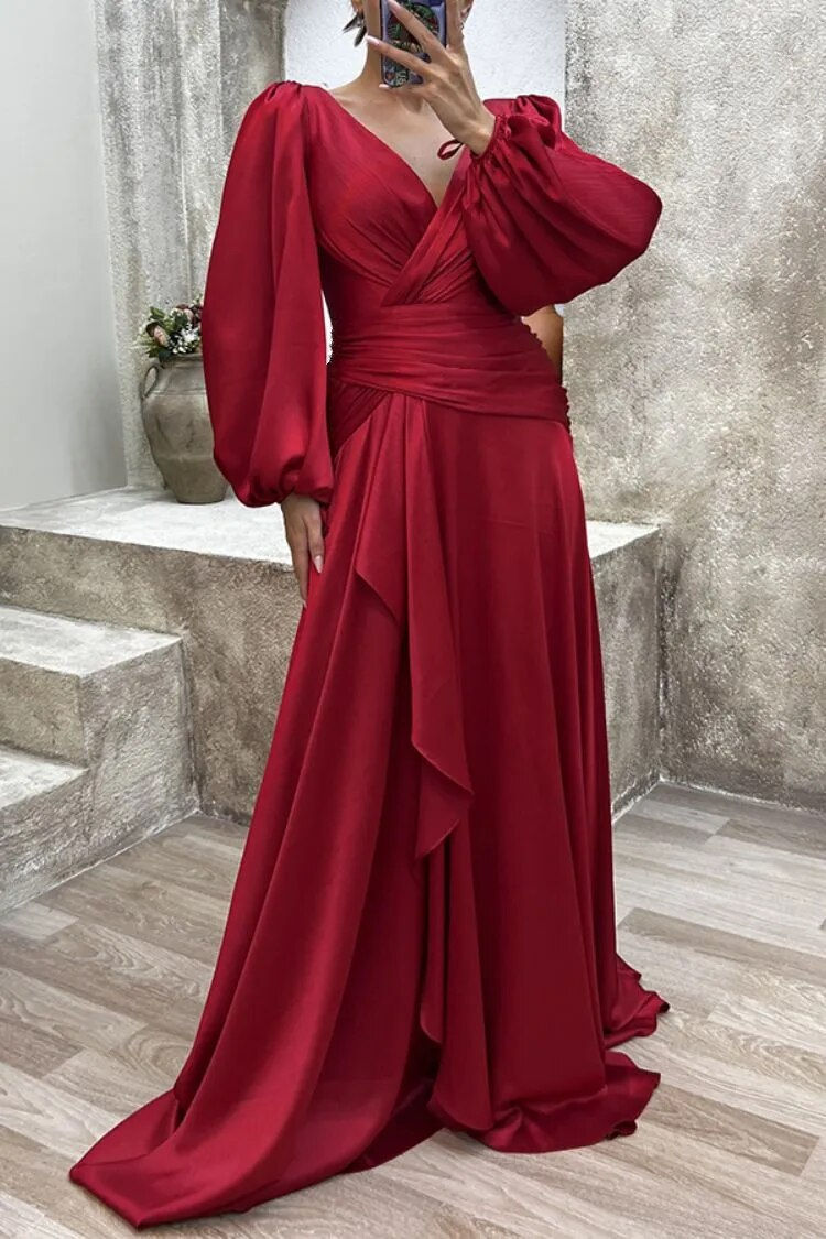 Thumbnail: 2023 New Elegant Women's Banquet Dress Solid Color Long Wrap Chest Long Sleeve