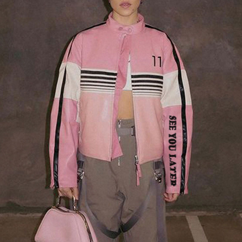 Thumbnail: Girl's Motorcycle Style Contrast Color Leather Coat
