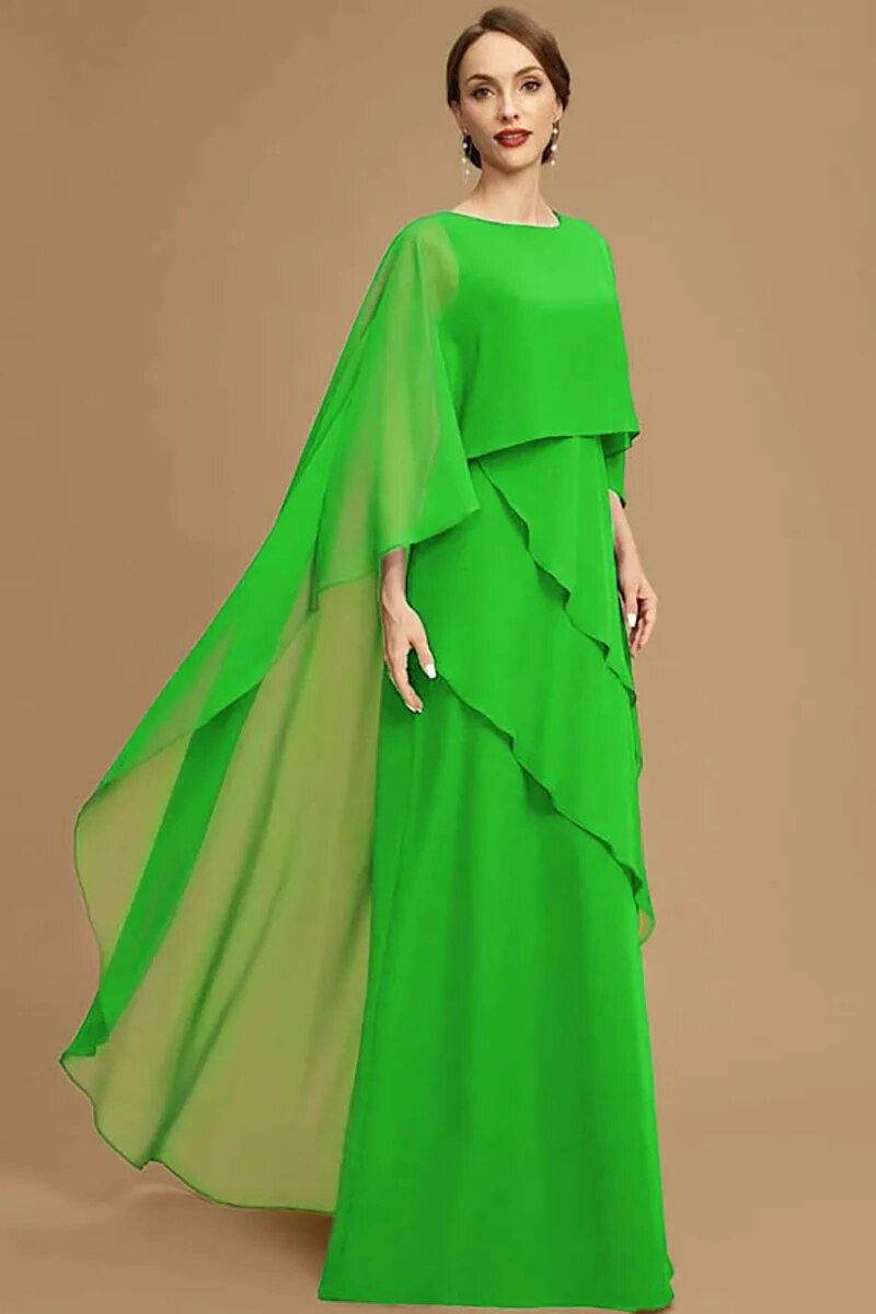 Thumbnail: Elegant Women Party Dress Chiffon Batwing Cape Sleeve Tiered Asymmetric Trim O-