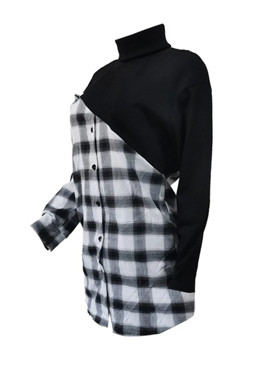 Thumbnail: LW Plus Size Plaid Print Hollow-out Dress Women Summer Long Sleeve Casual Asymm