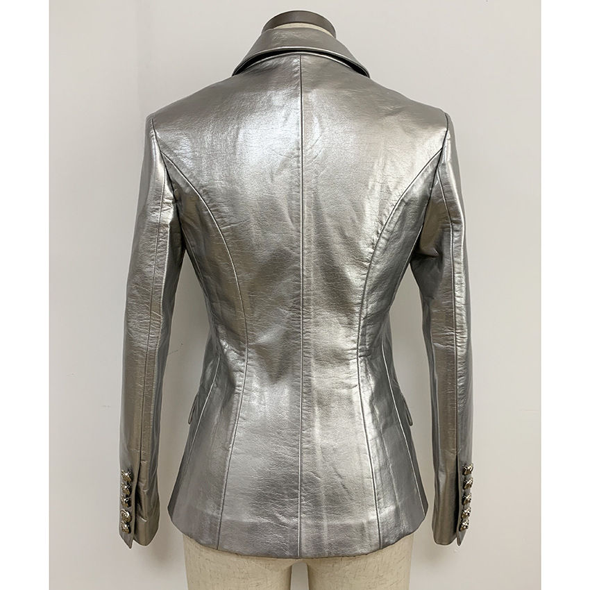 Thumbnail: Double-breasted Shiny Silver Synthetic Leather Slim Suit Jacket