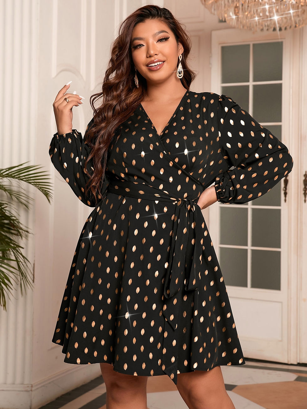 Thumbnail: Finjani Plus Size Women's Dress Gold Print Surplice Neck Lantern Sleeve Belted