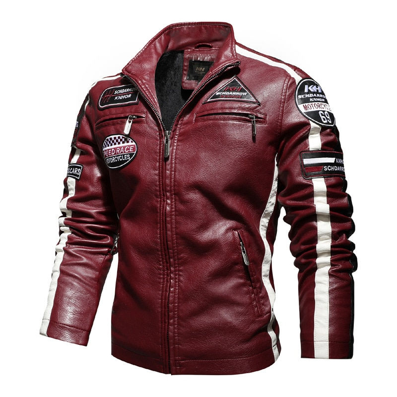 Miniatúra: Autumn Winter Men's Bomber Jacket Zip Embroidery PU Leather Jacket Male Fleece