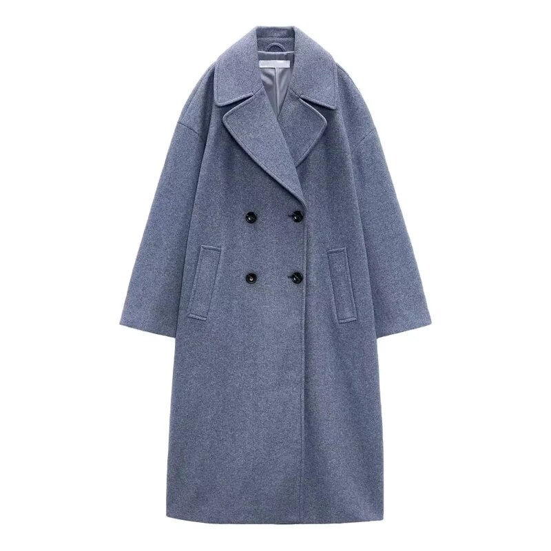 Thumbnail: Women's Fall Winter New Fashion Lapel Loose Mid-length Pocket Woolen Coat Doubl