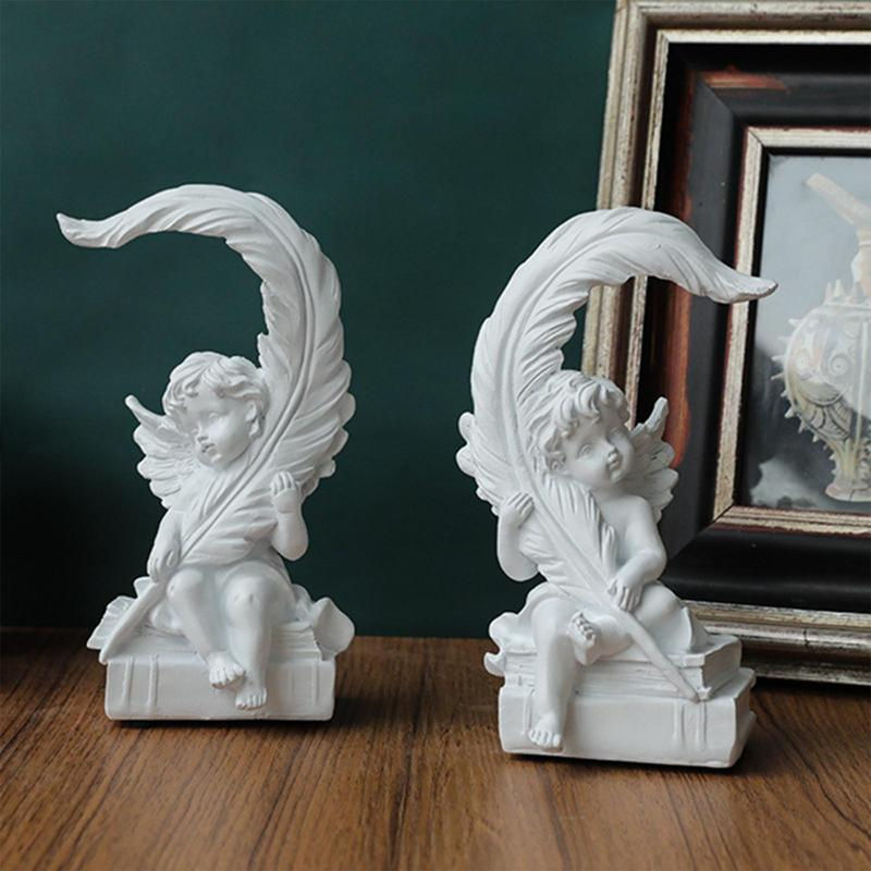 White Resin Angels Guardian Angel Figurine Holding Leaves Angel Sculpture With