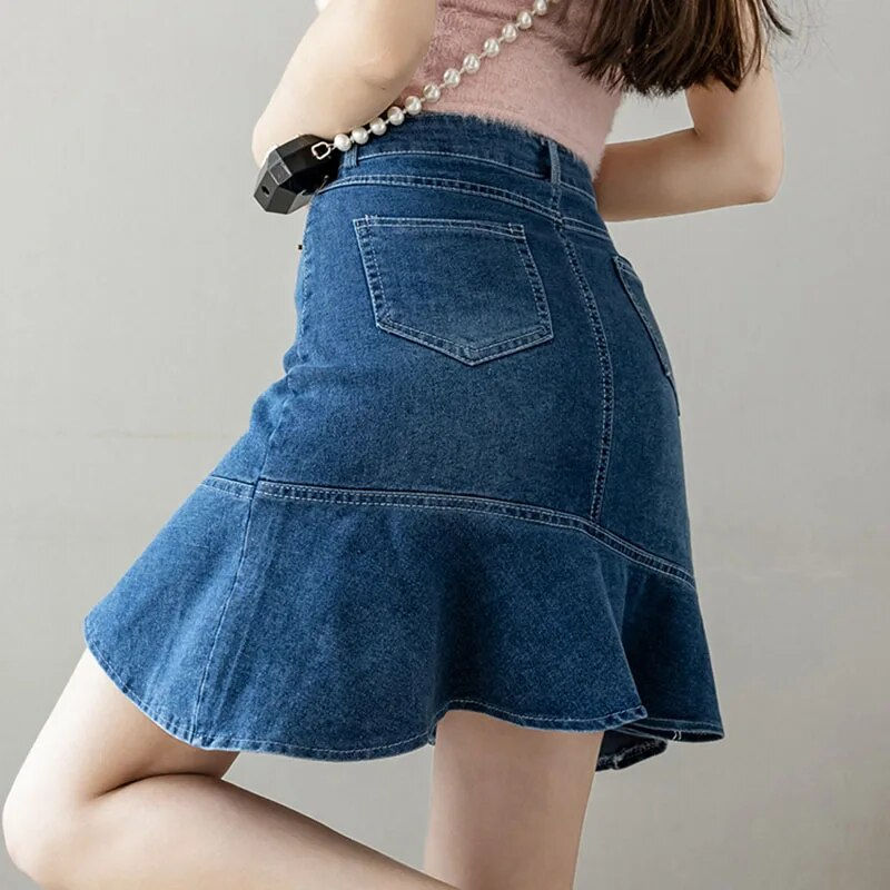 תמונה ממוזערת: DFRCAEG 2023 Summer Denim Skirt For Women High Waistb Ruffles Midi Mermaid Blue