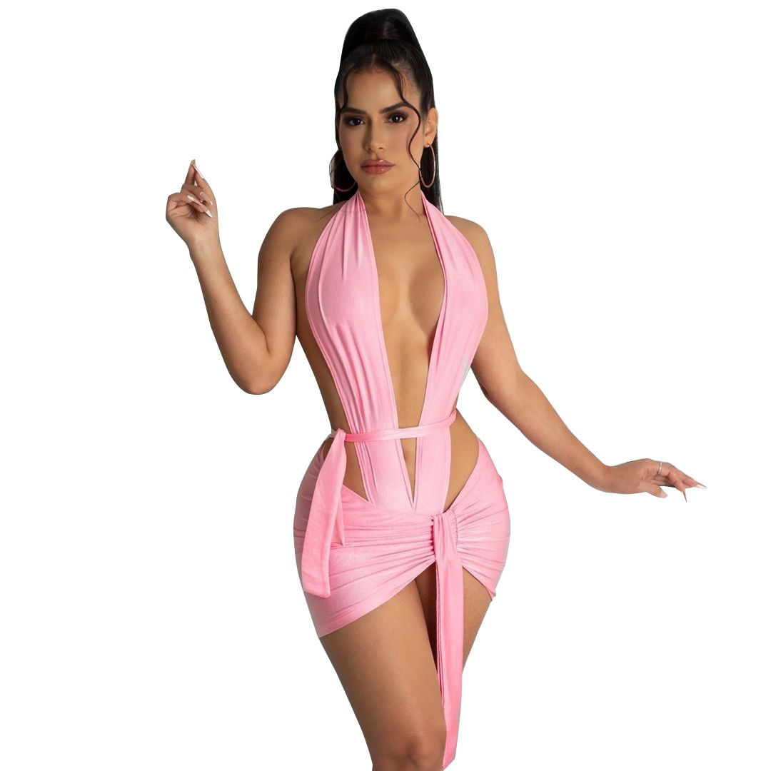 Sexy Solid Deep V Two Piece Sets Midnight Club Halter Top Bodysuit Skirt Backle
