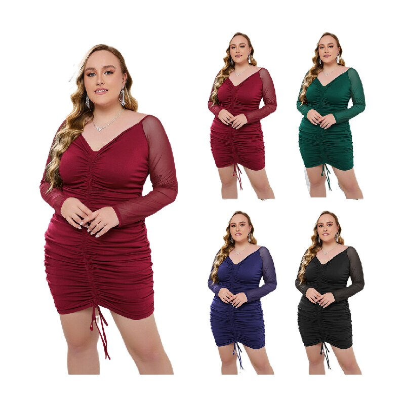 Thumbnail: Plus Size Long Sleeve Ruched Bodycon Dress Women V Neck Bandage Mini Dresses Sk