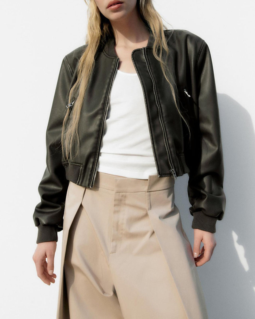 Thumbnail: Vintage Stand-up Collar Loose Locomotive PU Imitation Leather Pilot Coat