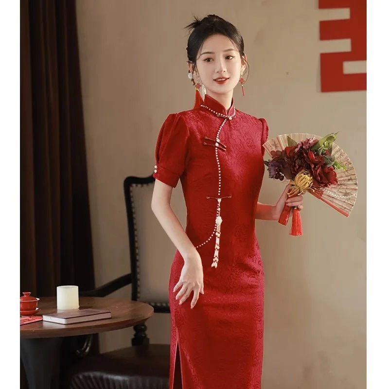 Thumbnail: Yourqipao Chinese Red Cheongsam Wedding Toasting Dress Women Engagement Evening
