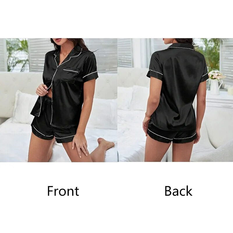 Thumbnail: Women Ice Silk Pajamas Set Sleepwear Nightgowns Nightdress Short Sleeve Shorts