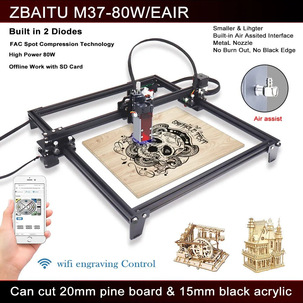 ZBAITU 40/80W CNC Laser Engraver 37X37cm Working Area Engraving Cutting Machine