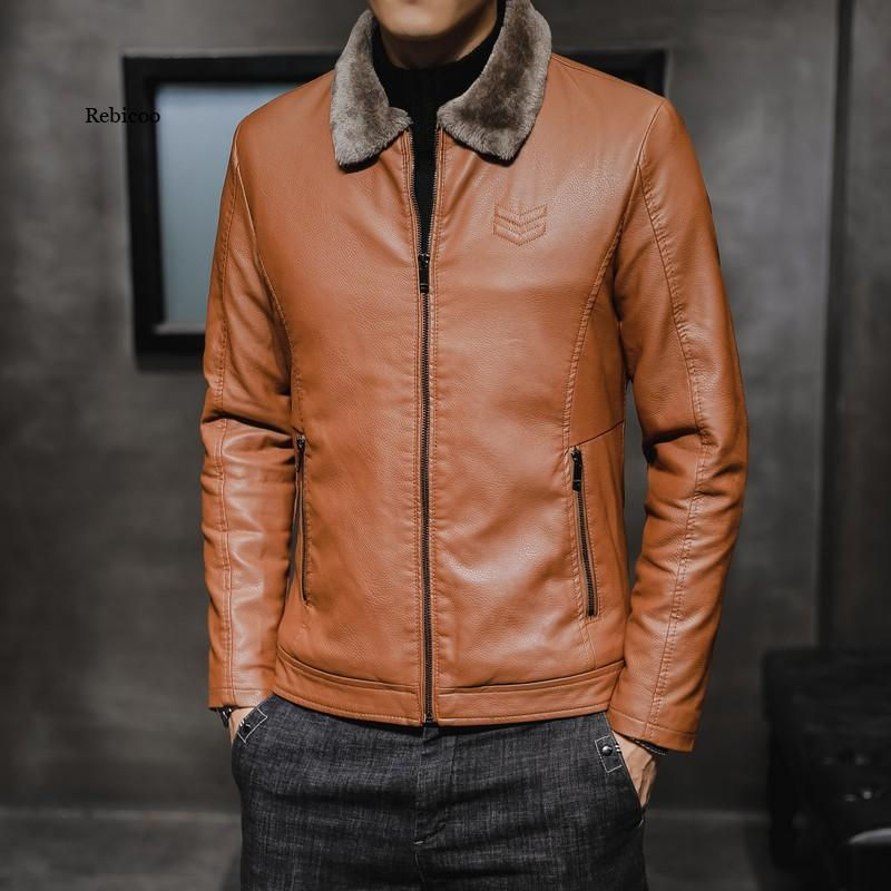 Thumbnail: New Thick Leather Jacket Mens Winter Autumn Men's Jacket Fashion Faux Fur Colla