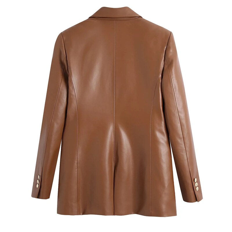 Thumbnail: 2022 NEW Brown Faux Leather Blazer Women Suit Long Sleeve Spring Jacket