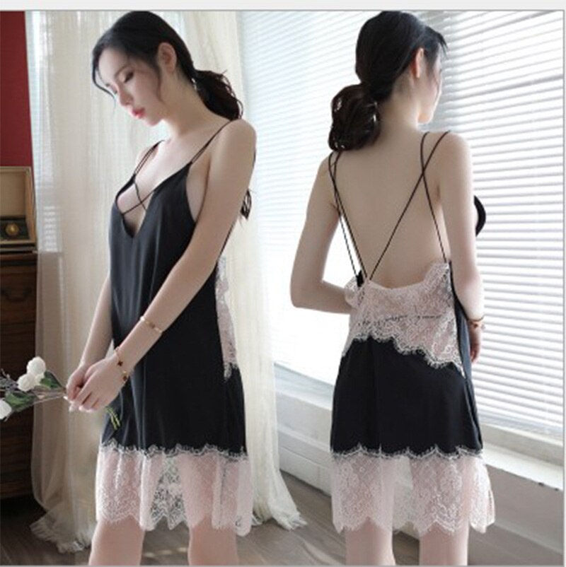 New Gorgeous lace suspender nude back nightdress deep V temptation Gorgeous
