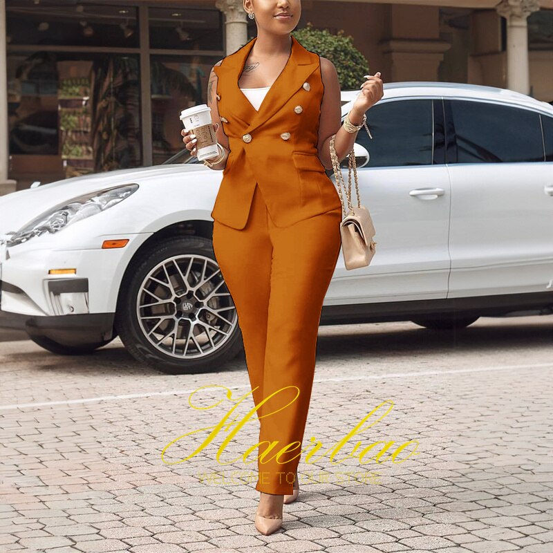 Thumbnail: Women Suit Pants Vest 2pcs Double Breasted Fashion Loose Outfit Office Workwear