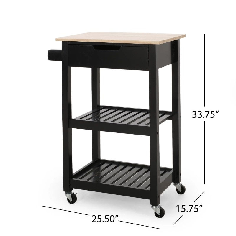 Miniatura: Noble House Wood Kitchen Cart with Wheels Black and Natural 25.50” W X 15.75” D