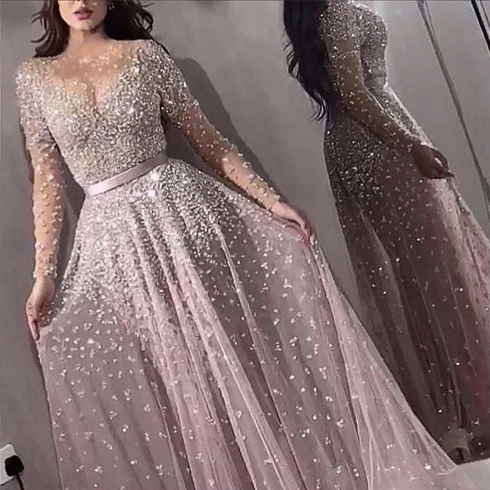 Thumbnail: Hi Shy Bridal Luxury Evening Dresses O-Neck A-LINE Long Sleeved Floor-Length La