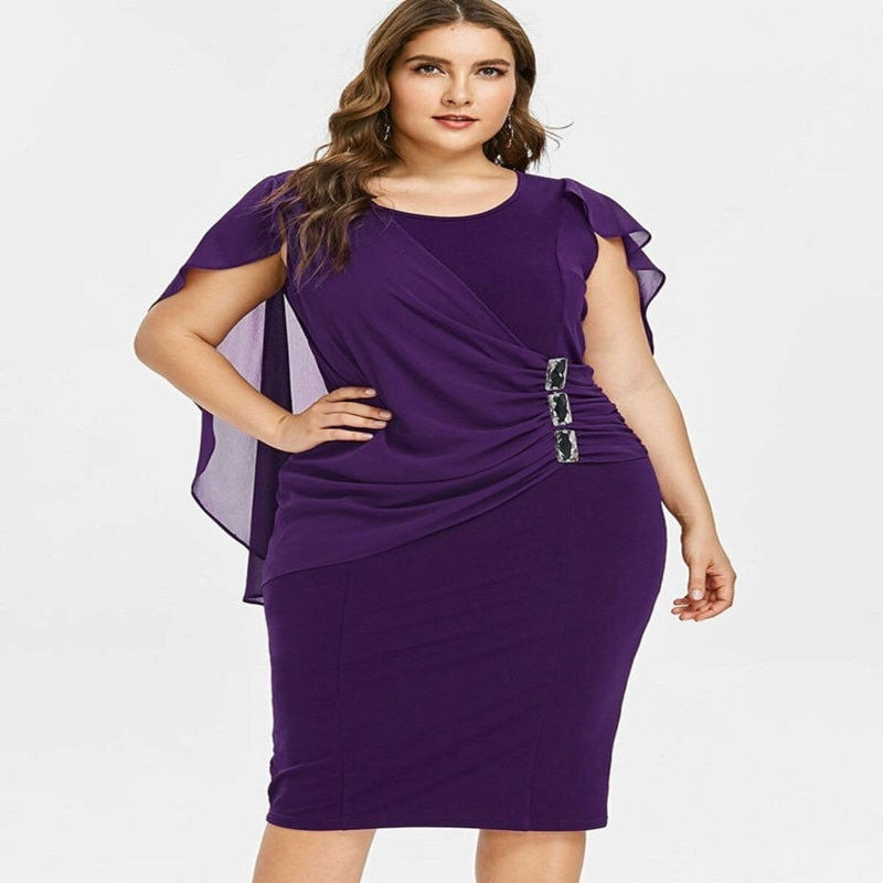 Thumbnail: Cloak Sleeves Plus Size Chiffon Cape Dress Summer High Street Ruched Bodycon Ch
