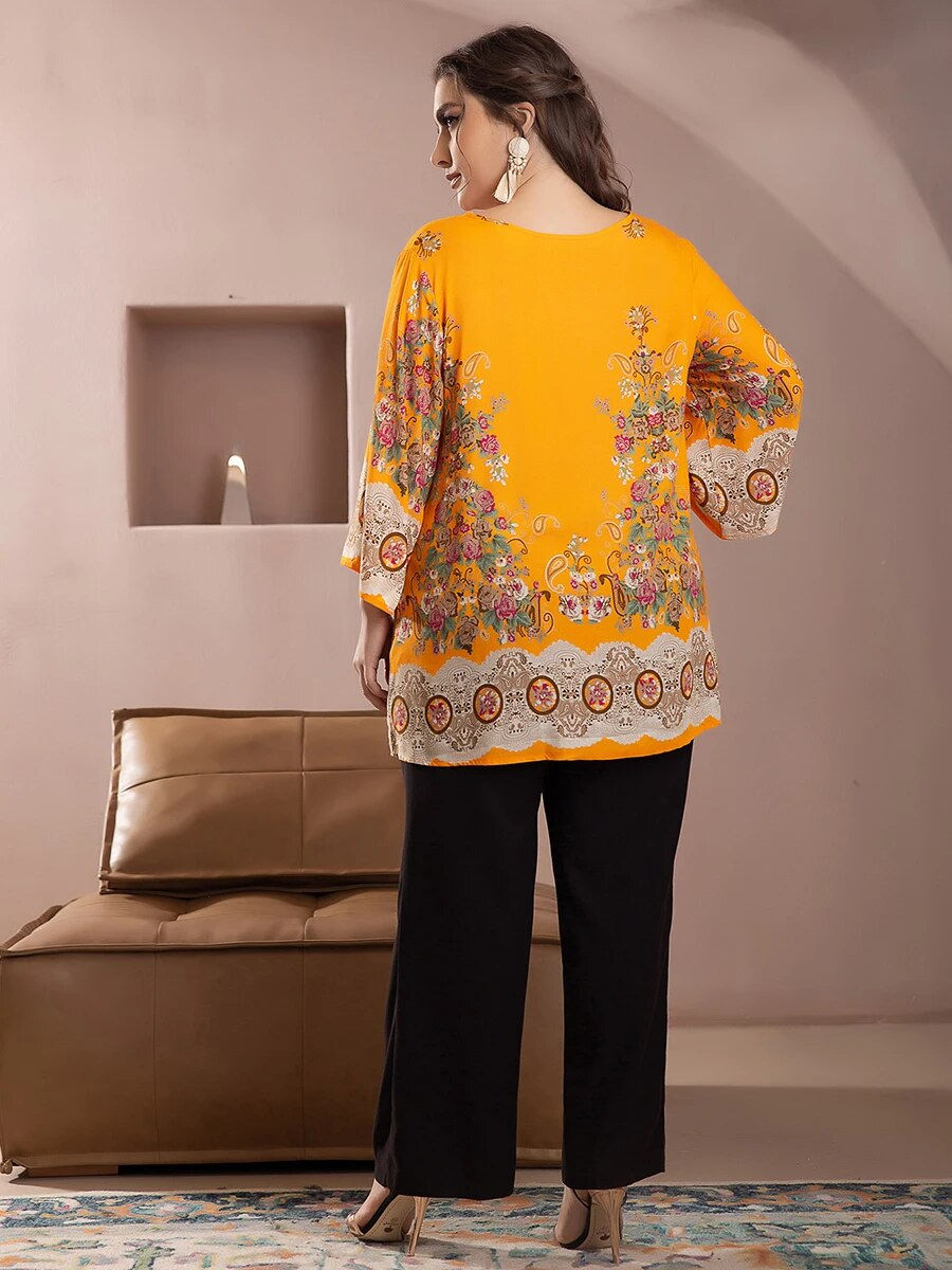 Miniatura: Plus Size Women Summer Blouse 2023 Long Sleeve Floral Print Casual Blouse Tee S